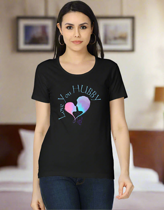 Women’s cotton T-shirt with “Love You Hubby” heart graphic print