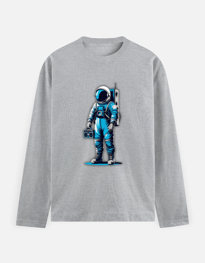 Retro astronaut holding a boombox – full sleeve streetwear graphic t-shirt design.