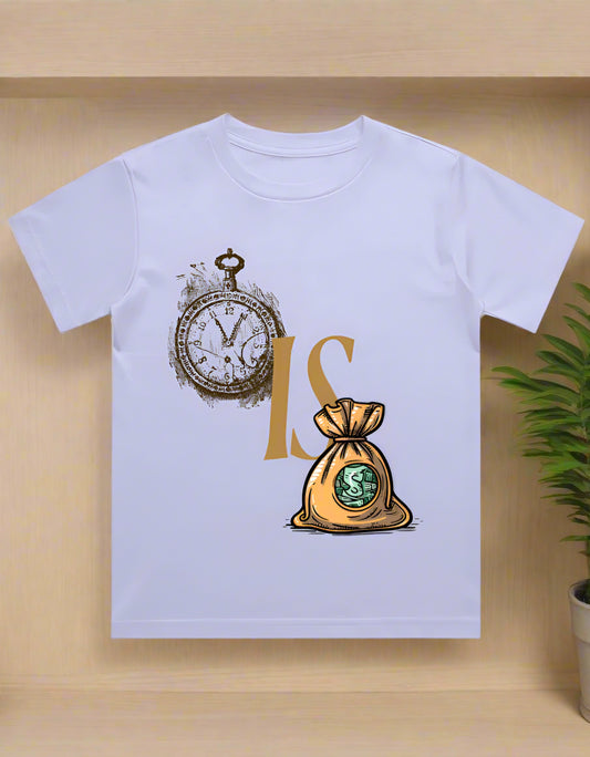 Kids cotton T-shirt with clock and money bag graphic print
