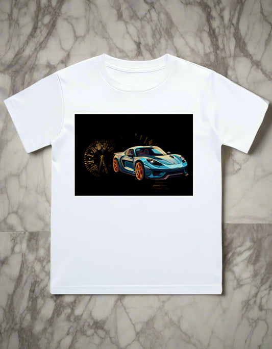 Kids cotton T-shirt with race car and clock graphic print