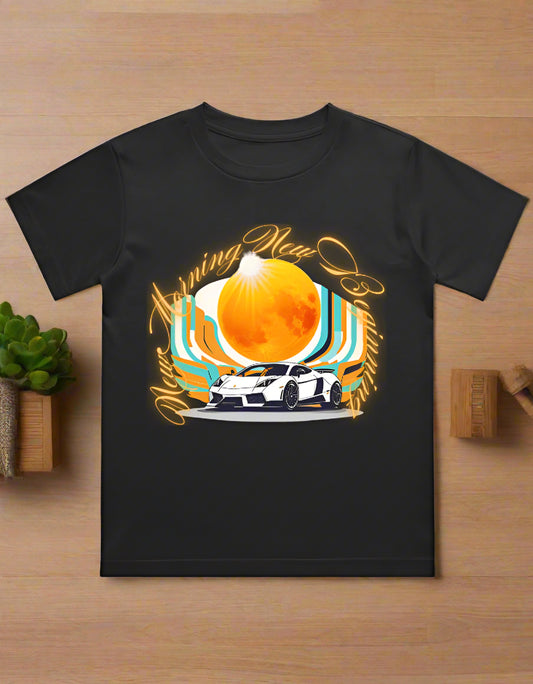 Kids cotton T-shirt with retro car and sunburst graphic