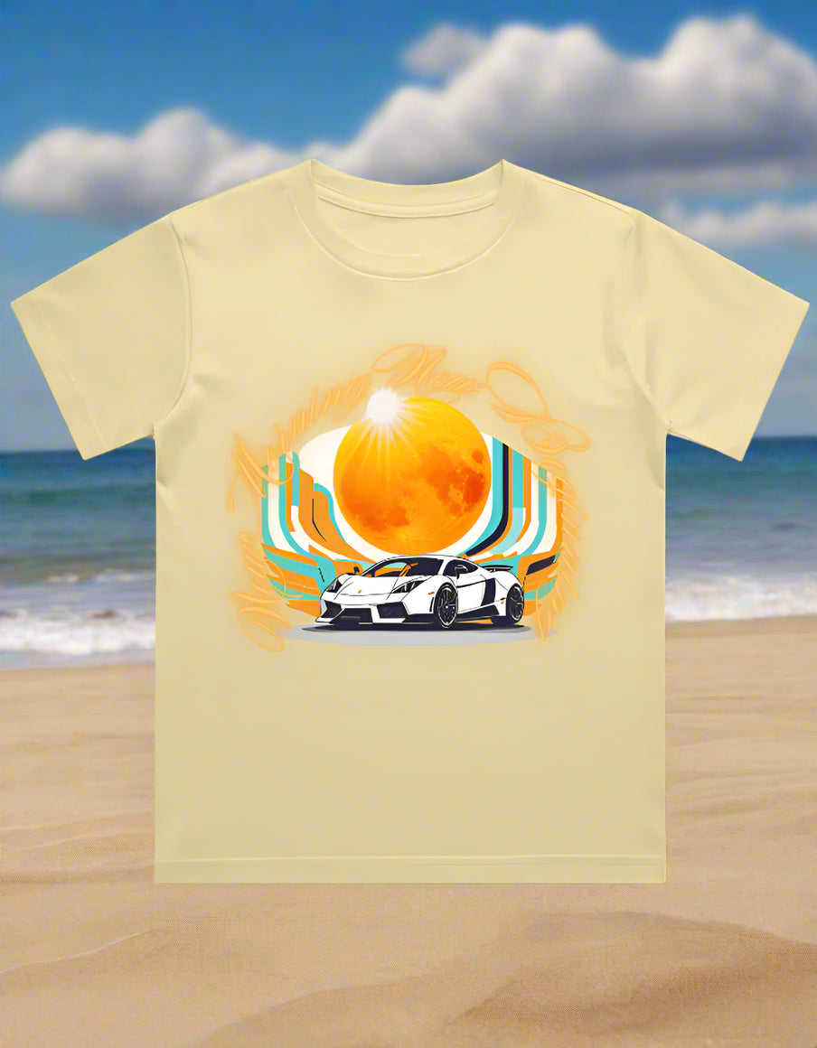 Kids cotton T-shirt with retro car and sunburst graphic