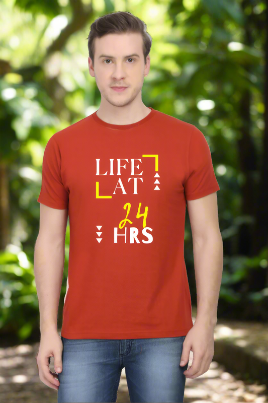 Life at 24 Hrs Men's T-Shirt with Clock Graphic Design on Brick Red