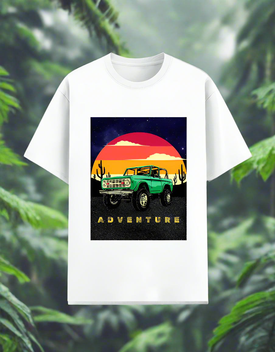 Men’s Adventure T‑shirt with retro desert sunset and green off‑road 4x4 graphic, front view, poly‑cotton 180 GSM. White