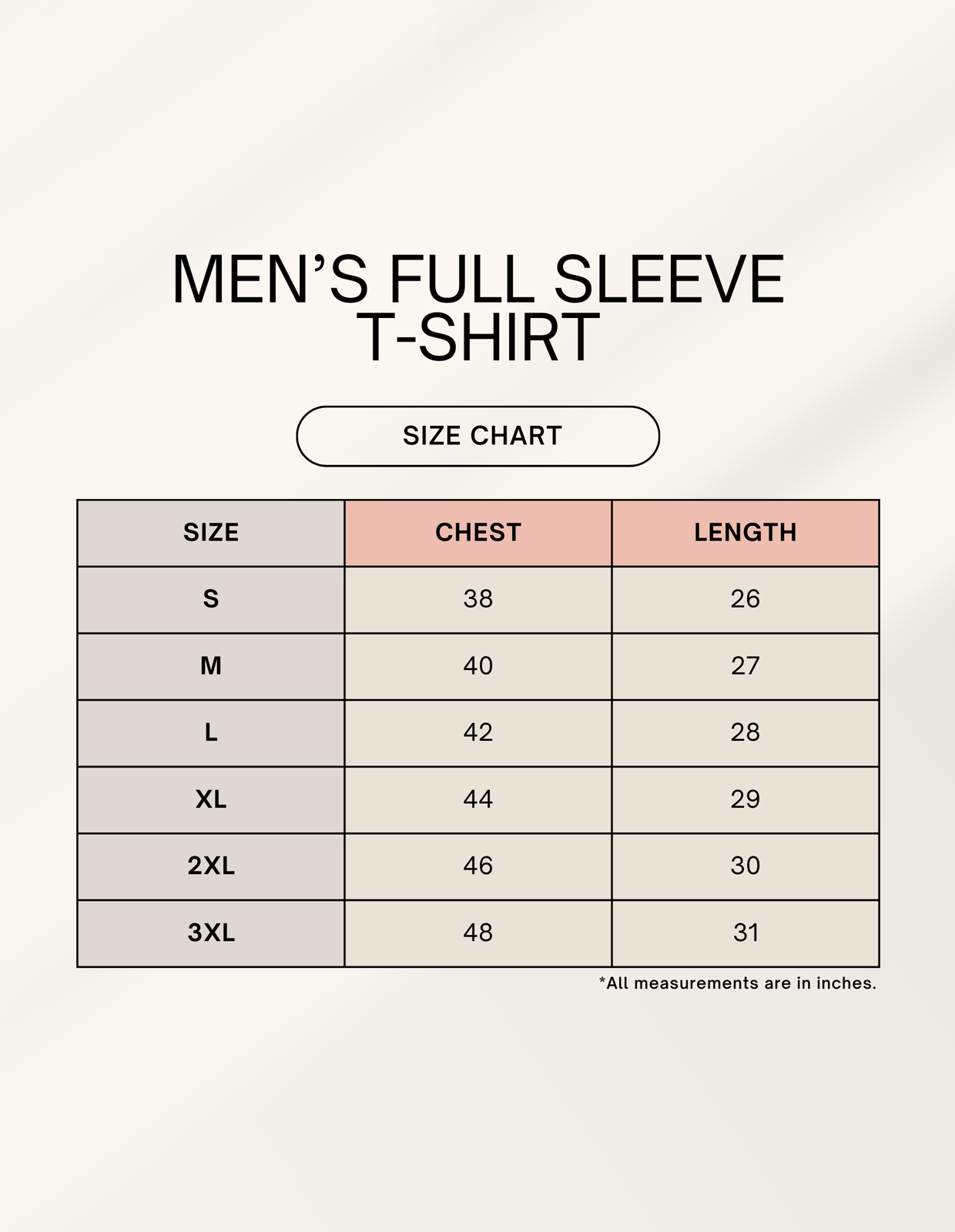 Men's Bold Handprint Full Sleeve Cotton Graphic T-Shirt – 7K Kart -Size Chart