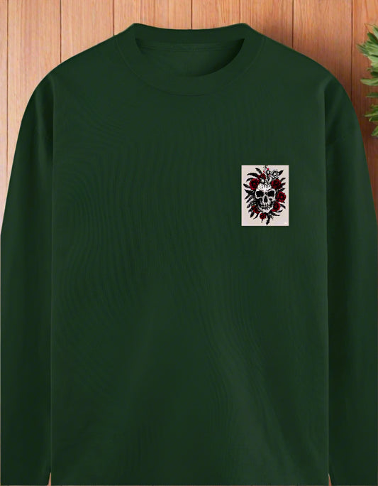 Men's Skull and Roses Graphic T-Shirt – Full Sleeve – Front & Back Dual Print – Cotton Tee by 7K Kart