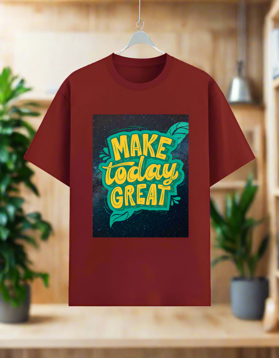 Men’s motivational T‑shirt with “Make Today Great” graphic in teal and yellow on poly‑cotton 180 GSM fabric, front view. Red