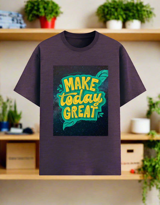 Men’s motivational T‑shirt with “Make Today Great” graphic in teal and yellow on poly‑cotton 180 GSM fabric, front view. purple