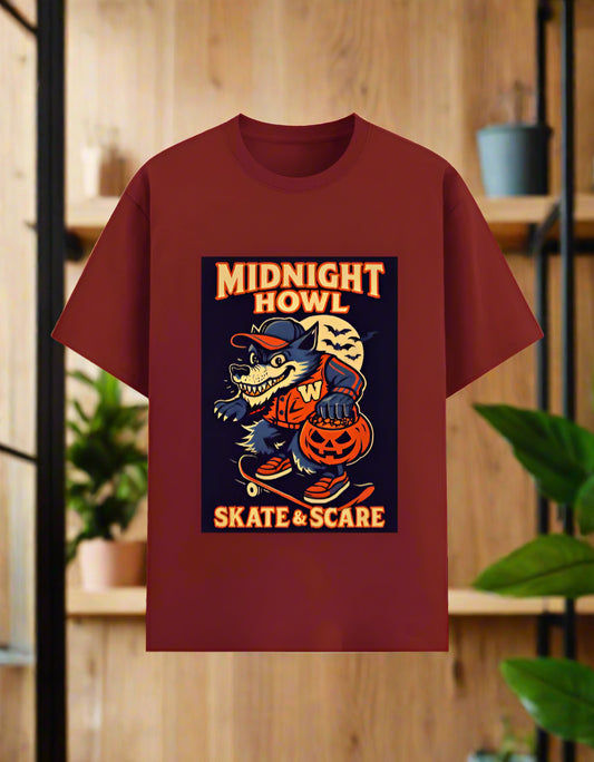 Midnight Howl Skate & Scare graphic T-shirt — Red— unisex poly-cotton 180gsm