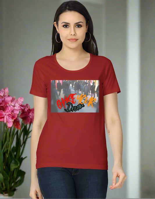 Women’s cotton T-shirt with “Chase Your Dreams” motivational graphic