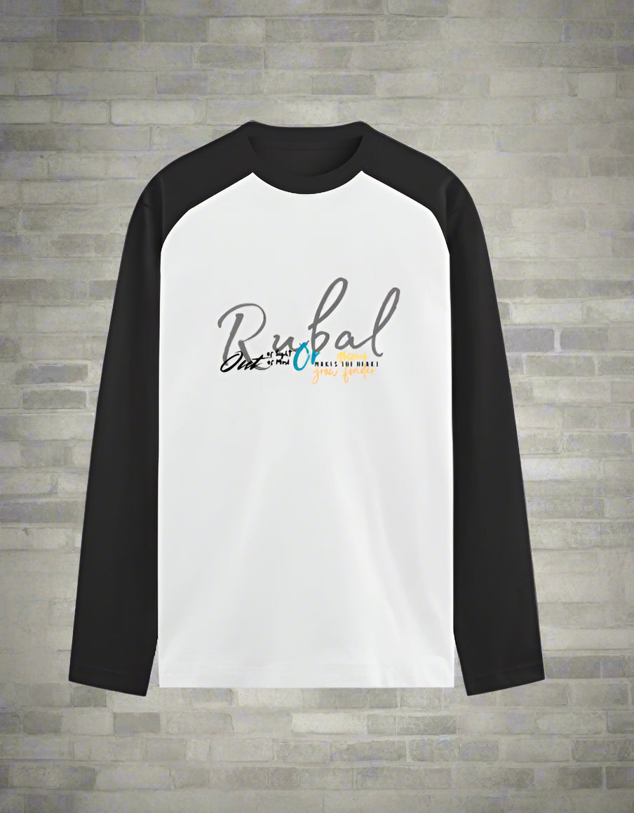 Rubal name printed black and white full sleeves t-shirt – personalized cotton tee with raglan sleeves