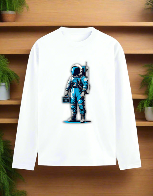 Retro astronaut holding a boombox – full sleeve streetwear graphic t-shirt design.