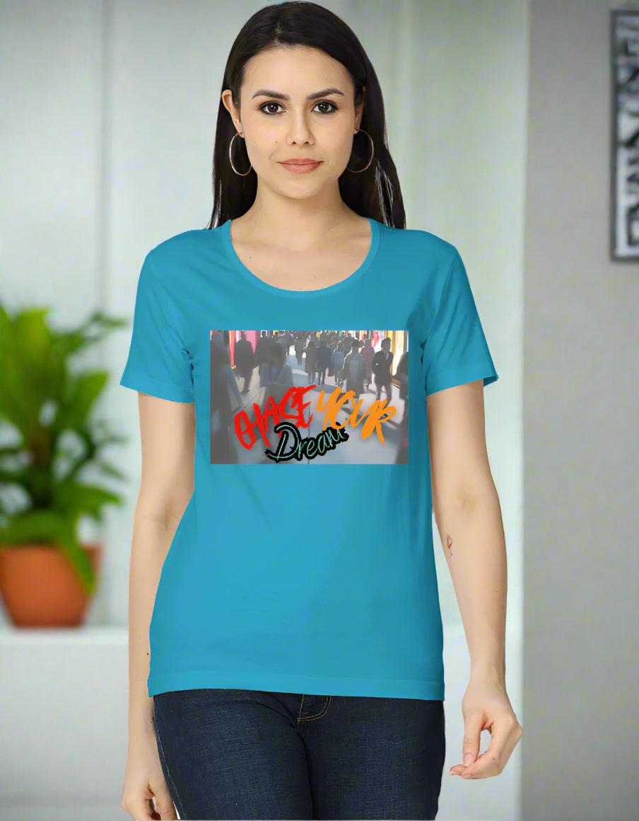 Women’s cotton T-shirt with “Chase Your Dreams” motivational graphic