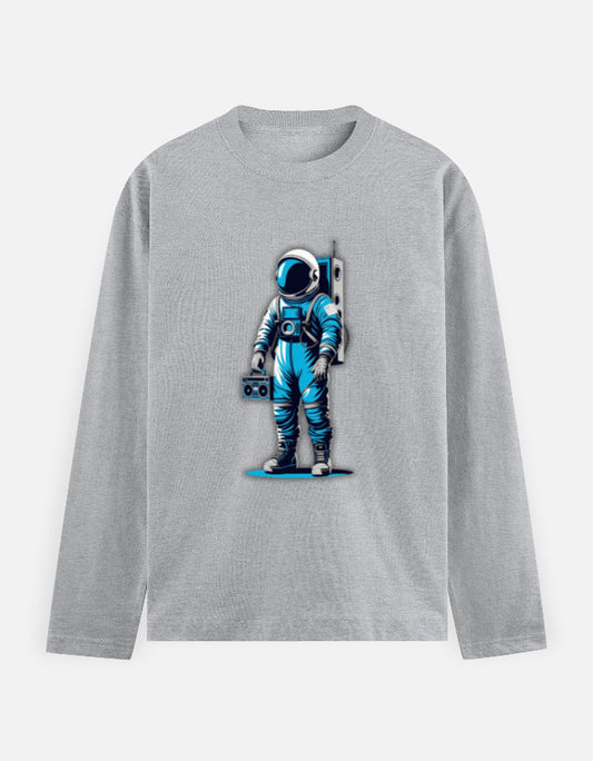 Retro astronaut holding a boombox – full sleeve streetwear graphic t-shirt design.