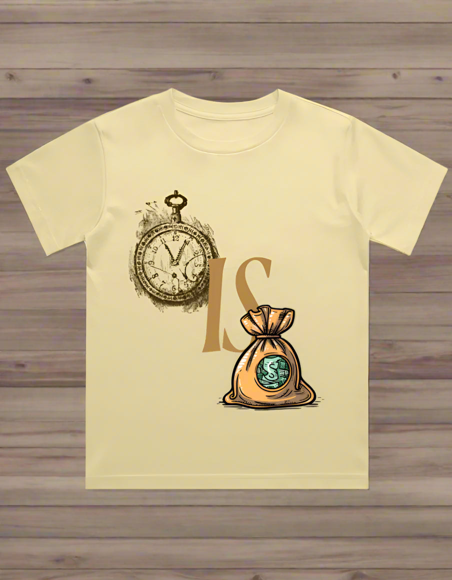 Kids cotton T-shirt with clock and money bag graphic print