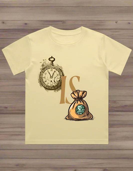 Kids cotton T-shirt with clock and money bag graphic print