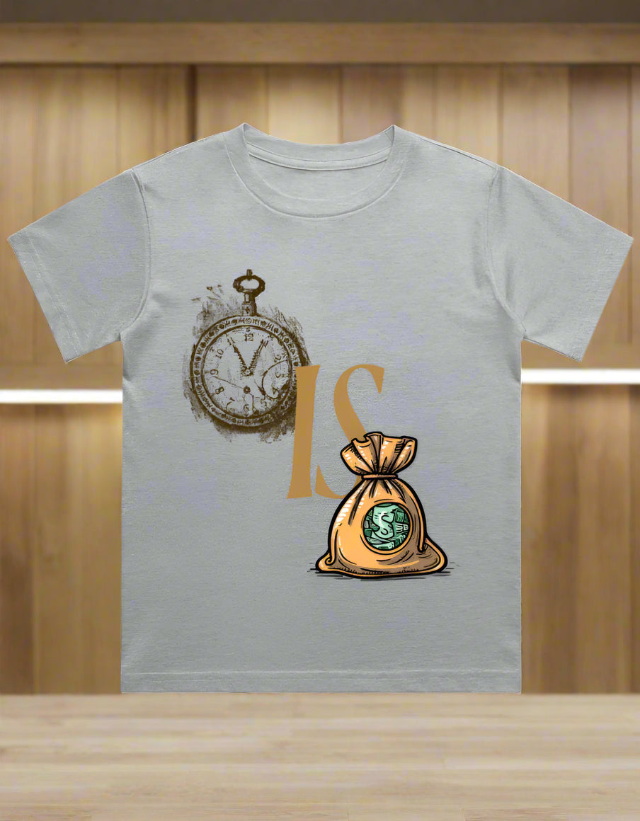 Kids cotton T-shirt with clock and money bag graphic print