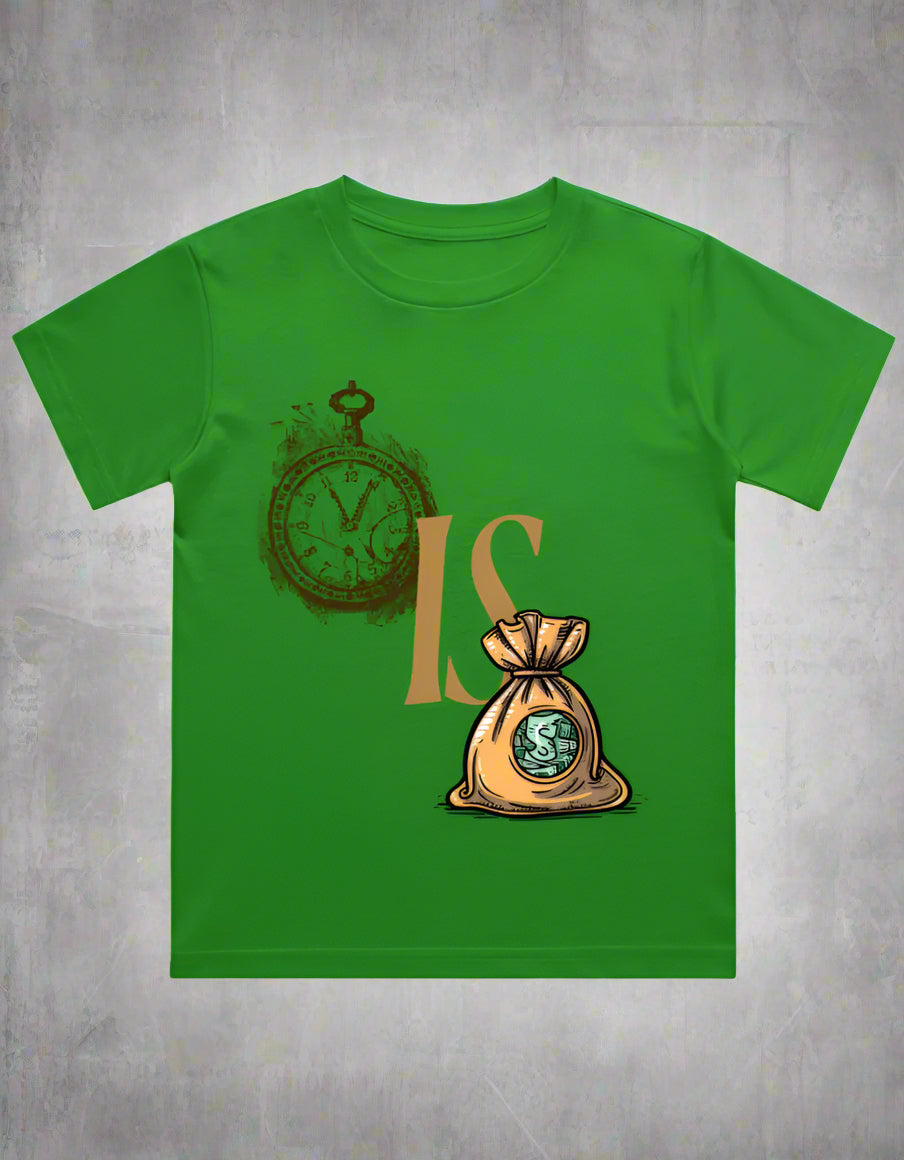 Kids cotton T-shirt with clock and money bag graphic print