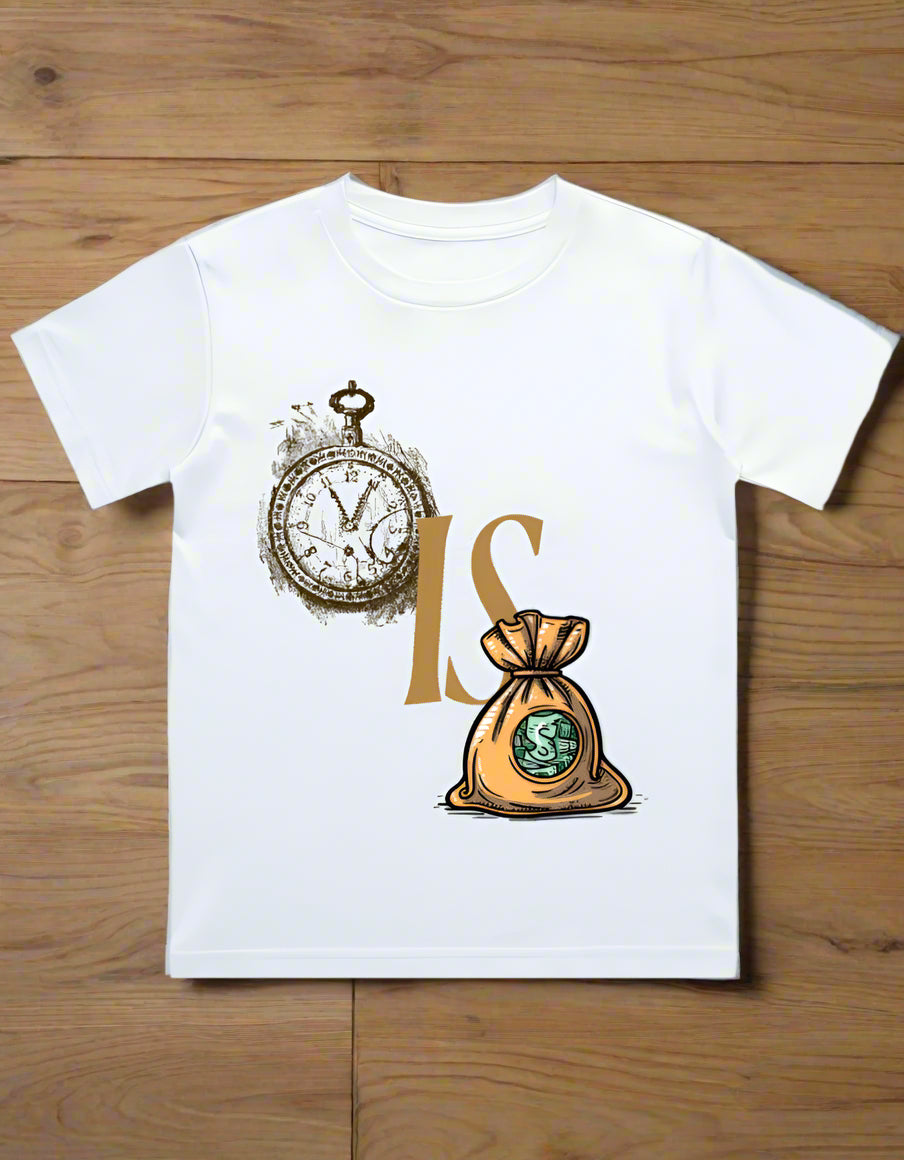Kids cotton T-shirt with clock and money bag graphic print