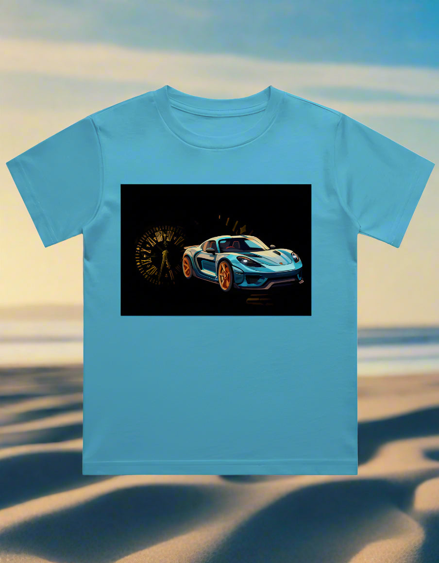 Kids cotton T-shirt with race car and clock graphic print