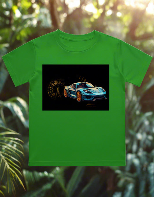Kids cotton T-shirt with race car and clock graphic print
