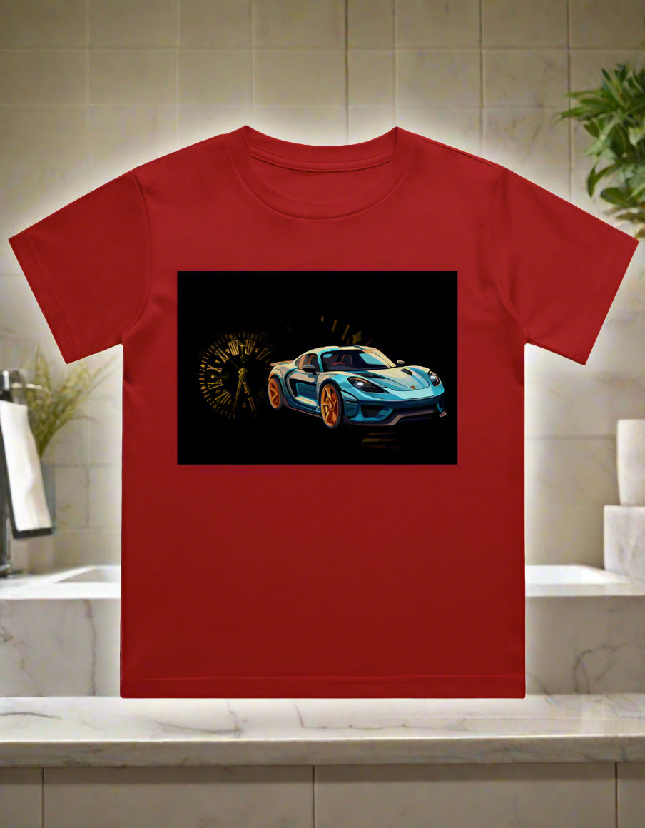 Kids cotton T-shirt with race car and clock graphic print