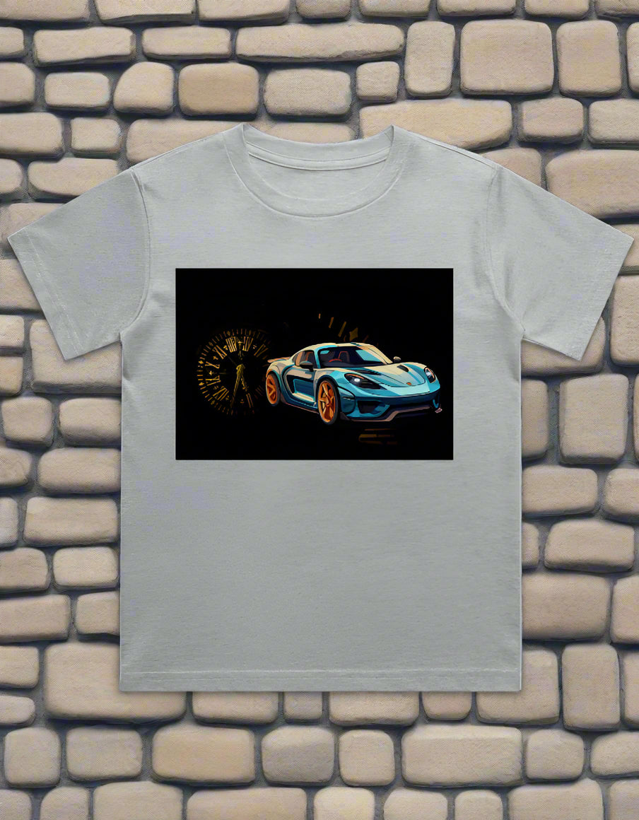 Kids cotton T-shirt with race car and clock graphic print