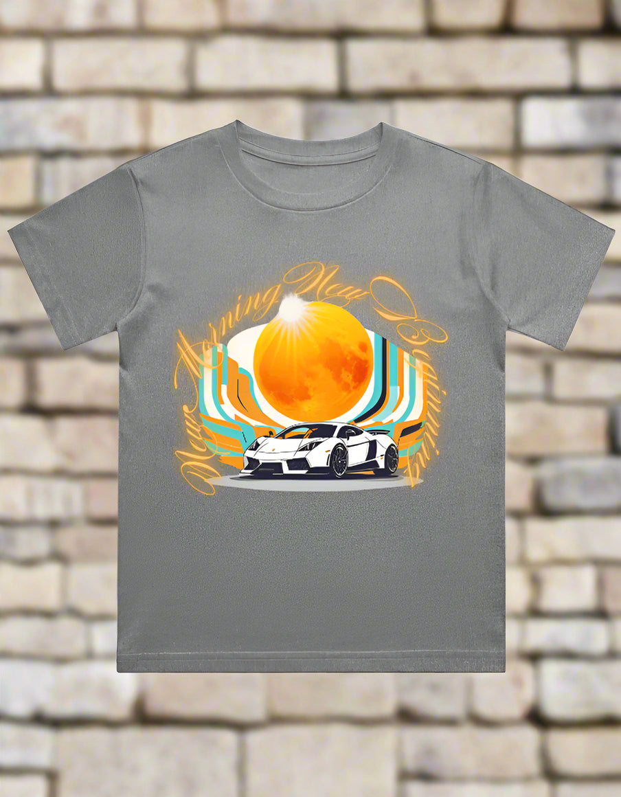 Kids cotton T-shirt with retro car and sunburst graphic