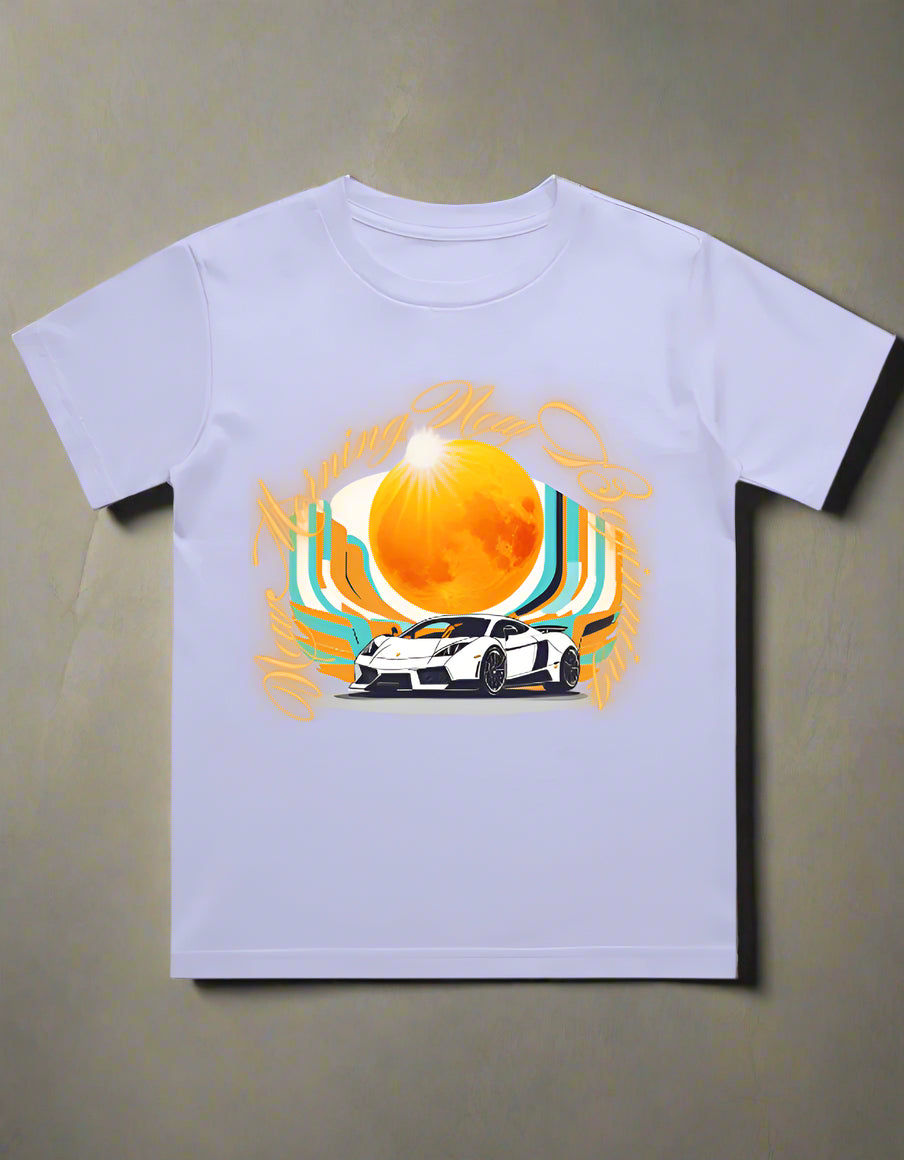 Kids cotton T-shirt with retro car and sunburst graphic