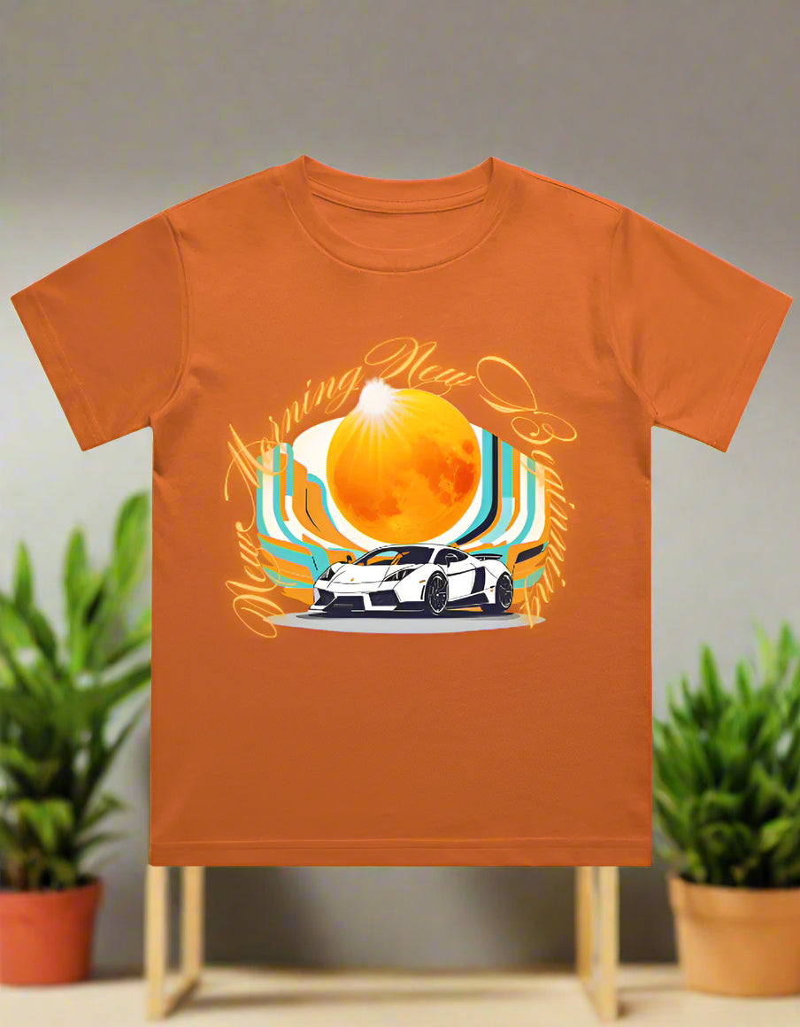 Kids cotton T-shirt with retro car and sunburst graphic