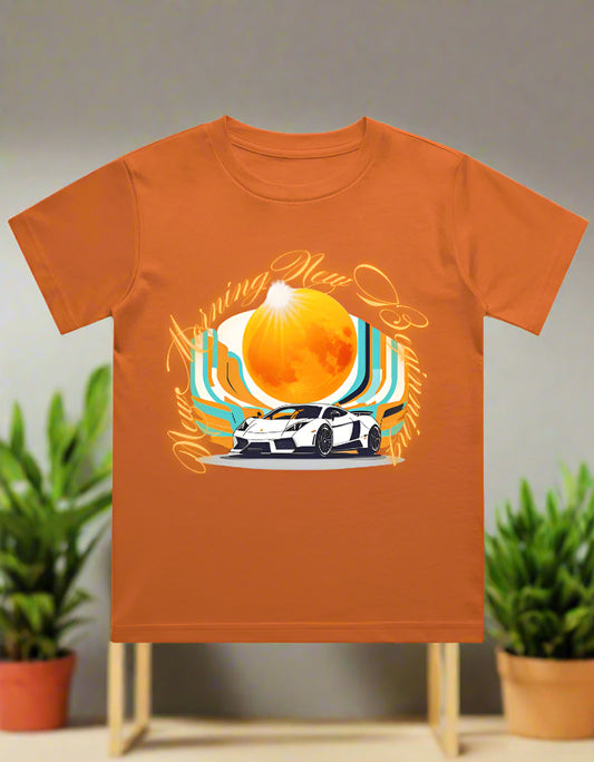 Kids cotton T-shirt with retro car and sunburst graphic