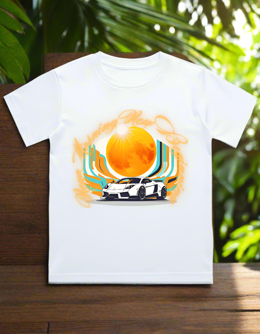 Kids cotton T-shirt with retro car and sunburst graphic