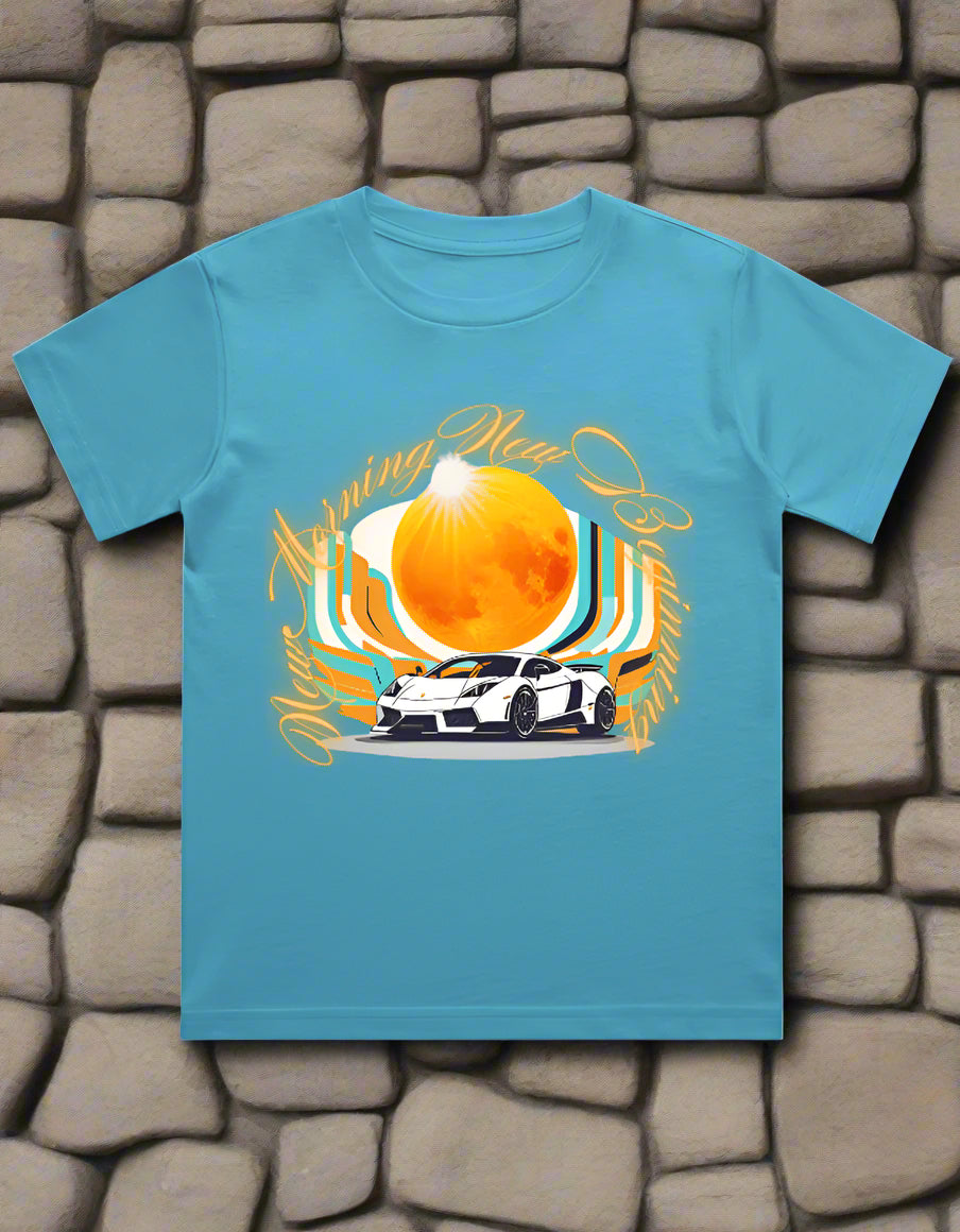 Kids cotton T-shirt with retro car and sunburst graphic