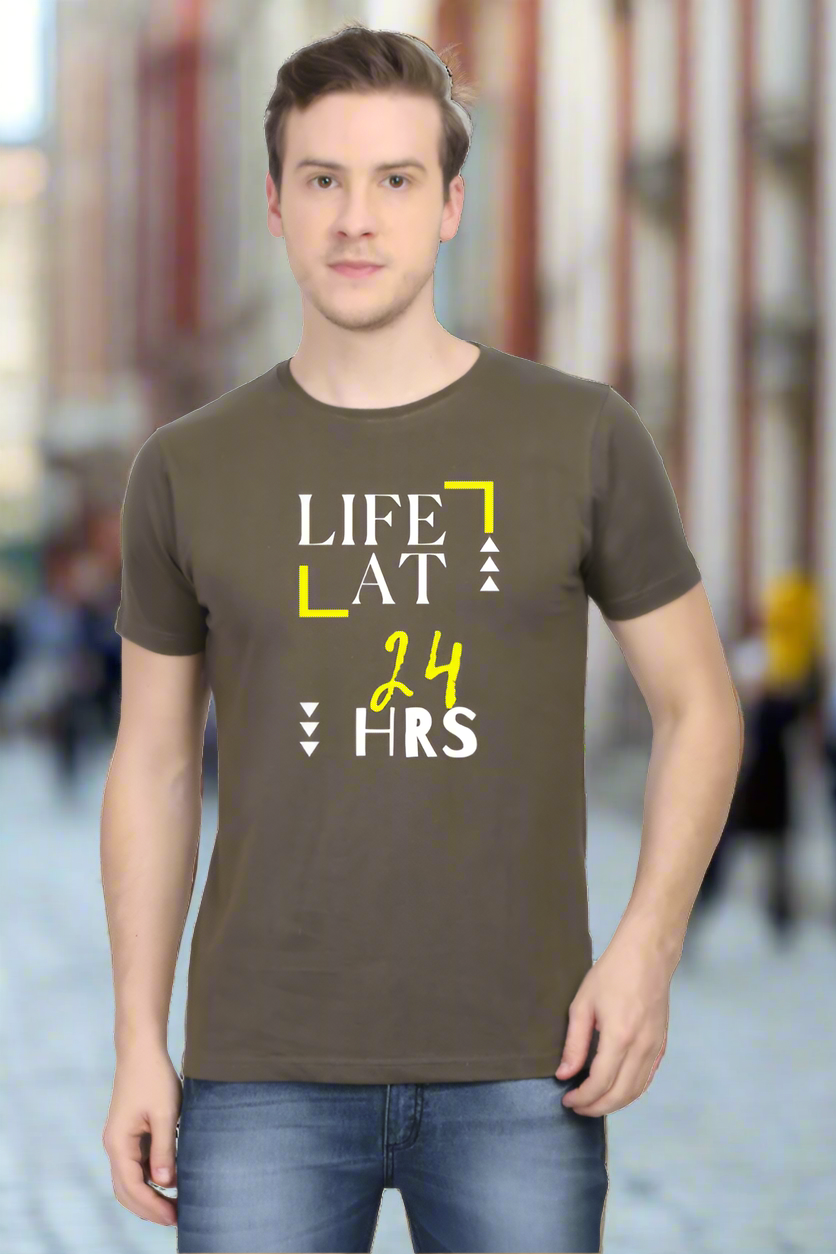  Life at 24 Hrs Men's T-Shirt with Clock Graphic Design on Olive Green