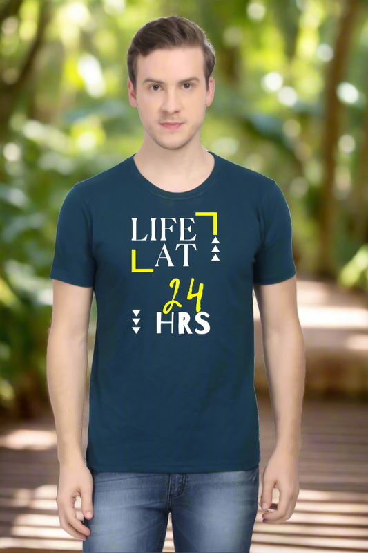  Life at 24 Hrs Men's T-Shirt with Clock Graphic Design on Petrol Blue