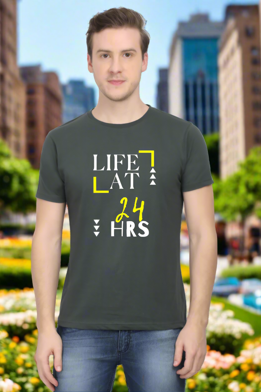  Life at 24 Hrs Men's T-Shirt with Clock Graphic Design on Steel Grey