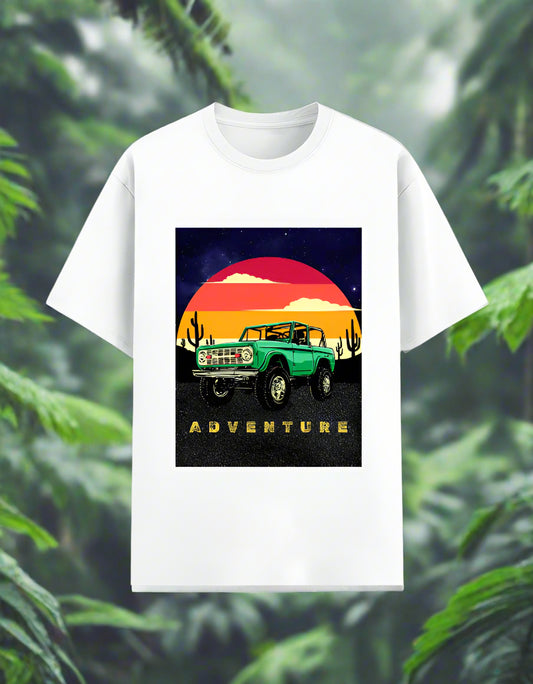 Men’s Adventure T‑shirt with retro desert sunset and green off‑road 4x4 graphic, front view, poly‑cotton 180 GSM. White