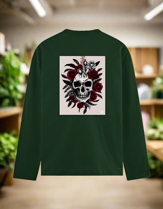 Men's Skull and Roses Graphic T-Shirt – Full Sleeve – Front & Back Dual Print – Cotton Tee by 7K Kart