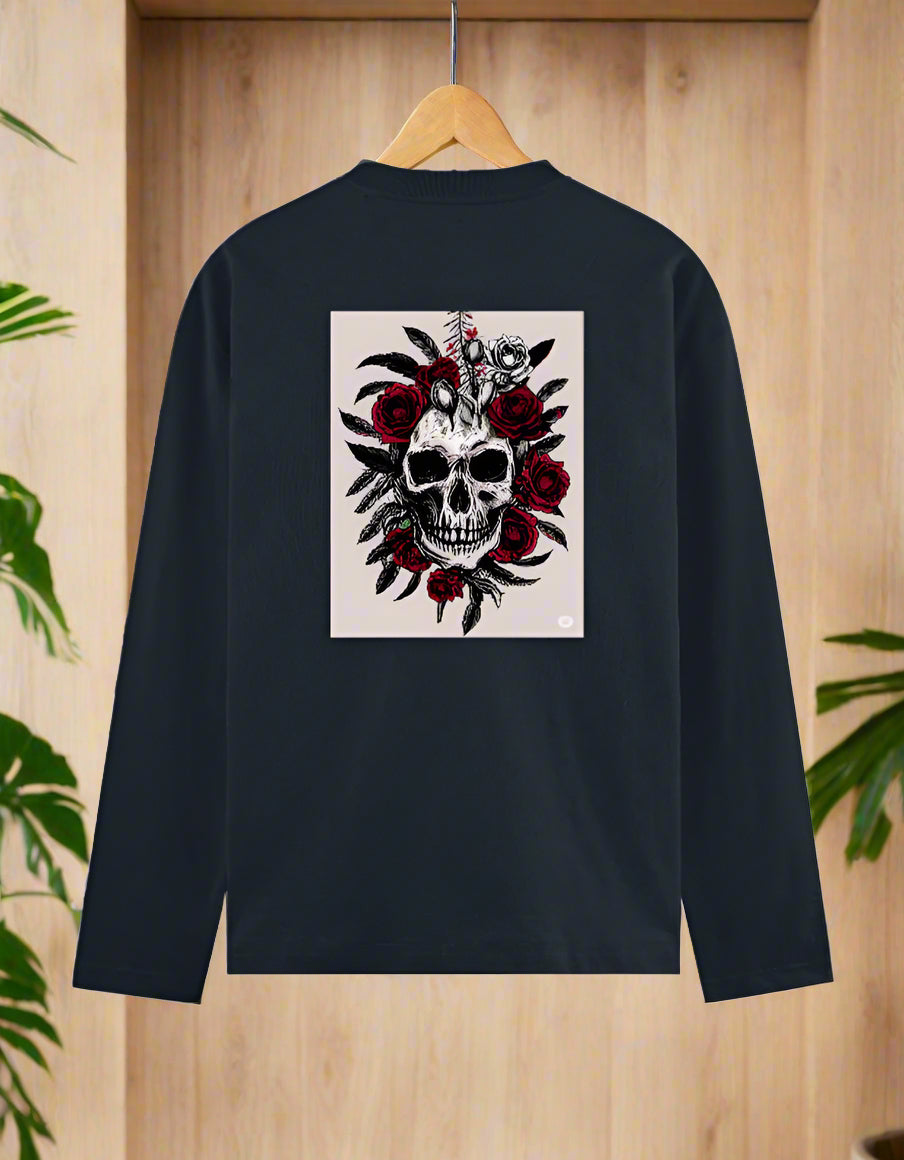 Men's Skull and Roses Graphic T-Shirt – Full Sleeve – Front & Back Dual Print – Cotton Tee by 7K Kart