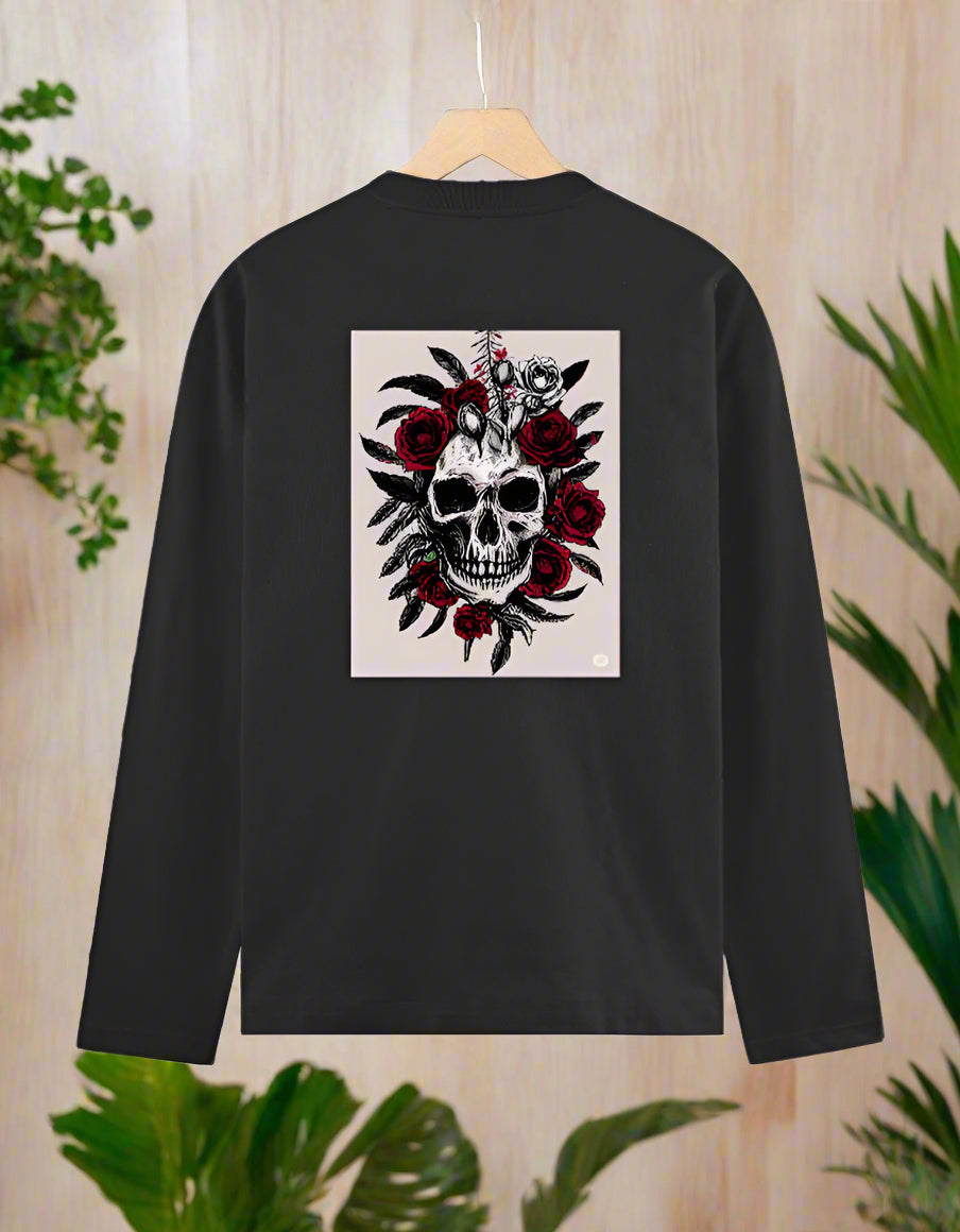Men's Skull and Roses Graphic T-Shirt – Full Sleeve – Front & Back Dual Print – Cotton Tee by 7K Kart