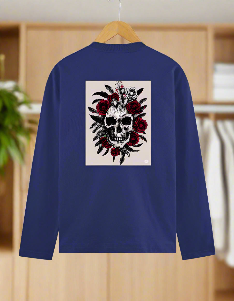 Men's Skull and Roses Graphic T-Shirt – Full Sleeve – Front & Back Dual Print – Cotton Tee by 7K Kart