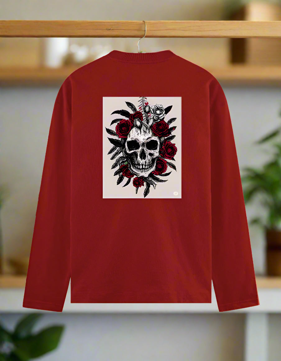 Men's Skull and Roses Graphic T-Shirt – Full Sleeve – Front & Back Dual Print – Cotton Tee by 7K Kart