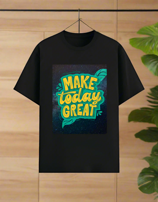 Men’s motivational T‑shirt with “Make Today Great” graphic in teal and yellow on poly‑cotton 180 GSM fabric, front view. Black