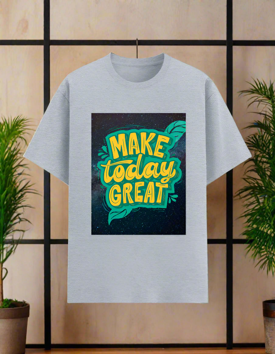 Men’s motivational T‑shirt with “Make Today Great” graphic in teal and yellow on poly‑cotton 180 GSM fabric, front view. Gray