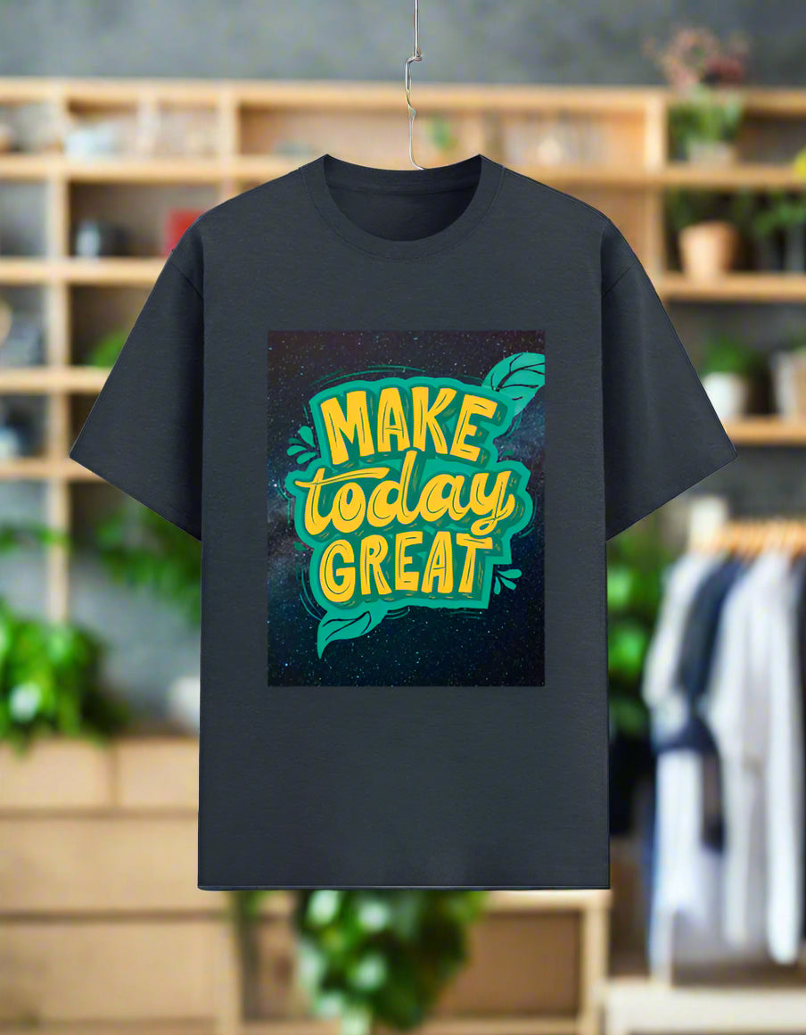 Men’s motivational T‑shirt with “Make Today Great” graphic in teal and yellow on poly‑cotton 180 GSM fabric, front view. Navy