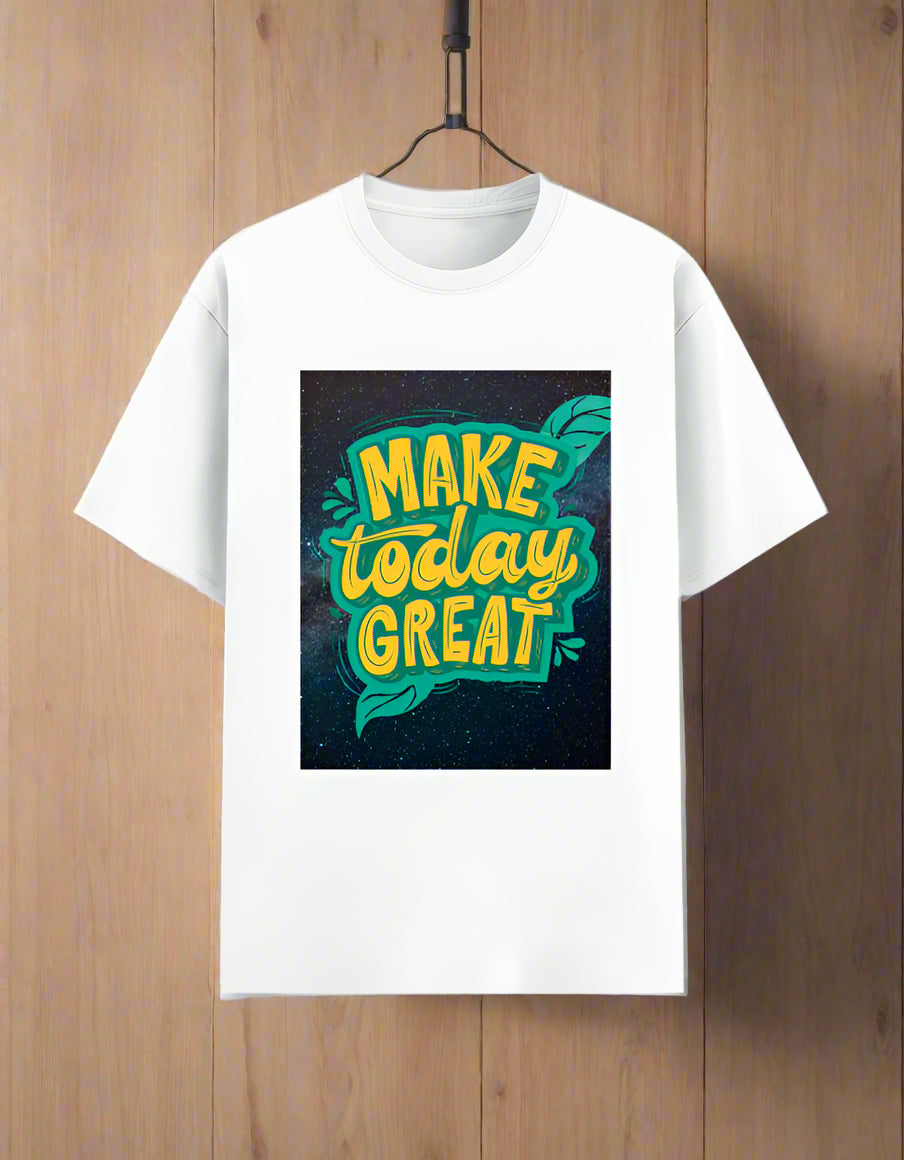 Men’s motivational T‑shirt with “Make Today Great” graphic in teal and yellow on poly‑cotton 180 GSM fabric, front view. White