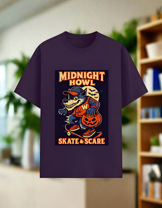 Midnight Howl Skate & Scare graphic T-shirt — Purple— unisex poly-cotton 180gsm