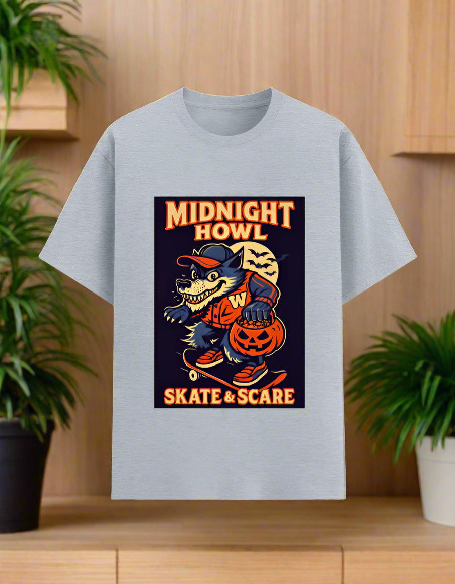 Midnight Howl Skate & Scare graphic T-shirt — grey — unisex poly-cotton 180gsm