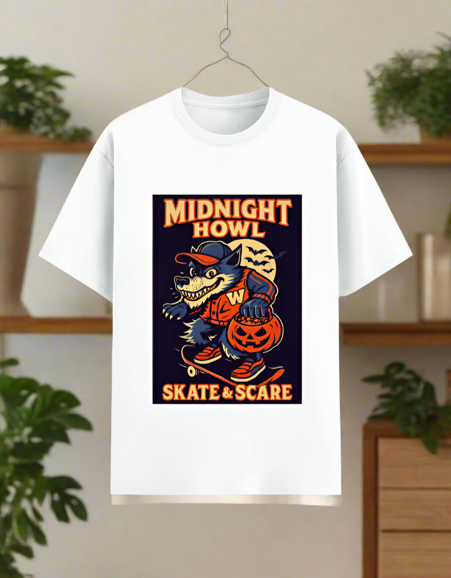 Midnight Howl Skate & Scare graphic T-shirt — white — unisex poly-cotton 180gsm