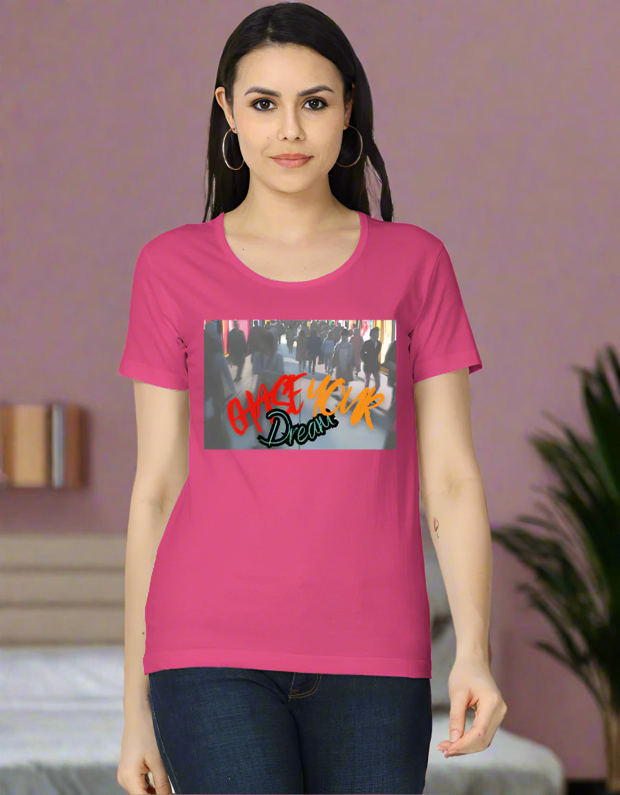 Women’s cotton T-shirt with “Chase Your Dreams” motivational graphic